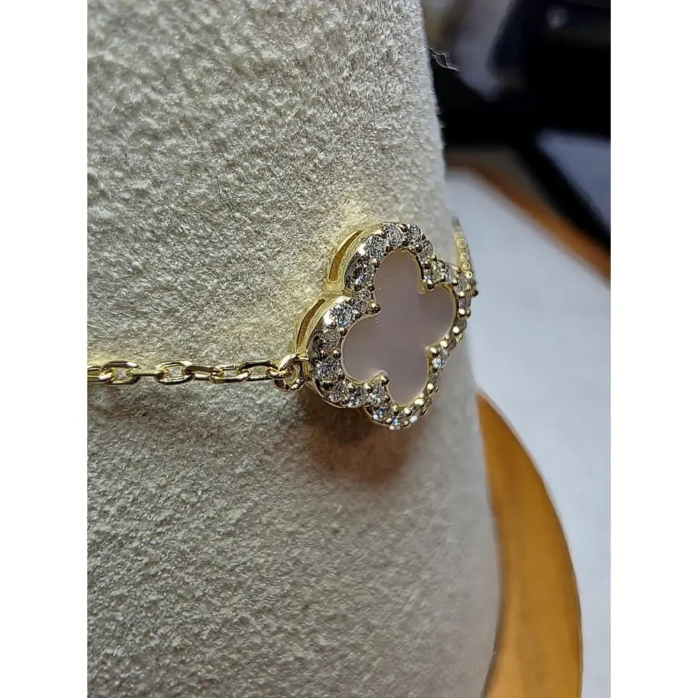 Mother of Pearl & 0.44ctw Moissanite Clover Bracelet | Gold over Silver (7-8